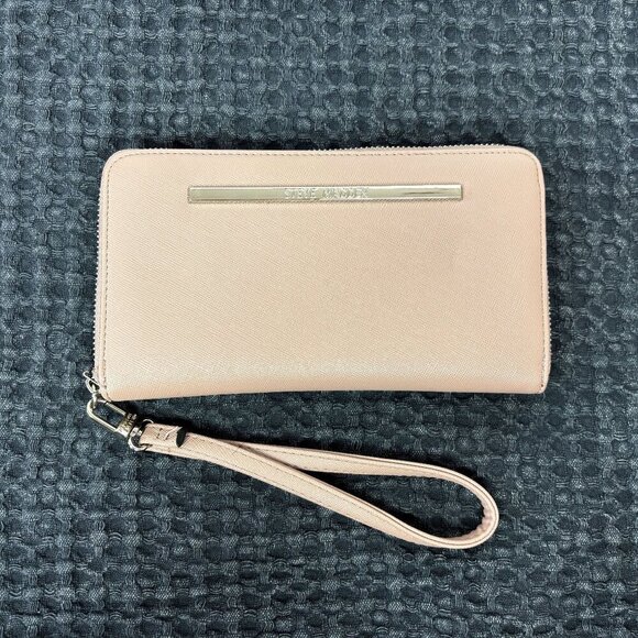 Steve Madden Womens Zip-Around Wristlet Clutch Wallet Pink Faux Leather - Picture 1 of 6